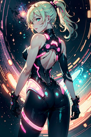 (erotic, sexy, athletic, bodysuit, elegant, aesthetic, exquisite, futuristic, cosmic, full_body, woman), from-behind,

blush, smile, (green-eyes), blonde-ponytail, lipstick, gloves, (pussy), covered-nipples, 

(starry_background, outer space, stars, galaxy), orbital, light-particles, (neon lights:1.3),

white, orange, pink, (violet), red, purple, lime, vanilla, porcelain, azure, enhanced colors, bokeh, 35mm-lens, glowing light, neon illumination,

(masterpiece, best quality, perfect visual), 8K, HDR, sharp image, professional artwork, (detailed, intricate),