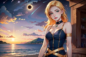 (((spaceships, orbital_station:1.2), ocean, captain_uniform, russian), intricate, exquisite, aesthetic),

(anklet, armlet, green_eyes), chocker, smile, blonde_long_hair, lipstick, female_solo,

((greek_ruins, beach), sky, mountains, full_eclipse), stars, [clouds]

((colors violet / yellow / red / orange / indigo, colors enhanced), outline, light_particles), dreamy glow, warm light, bokeh, 35mm-lens,

((((masterpiece, best quality, perfect visual), super detailed), sharp image, professional artwork), 8K, HDR),