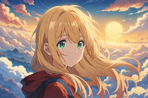 blonde woman traveling on a boat through sea of (clouds:1.3), long hair,  (greeneyes), (lipstick:0.5), 

journey, air,

sky blue / light-orange / white / cerulean / amber / apricot / azure / indigo, outline,

(((Masterpiece, best quality, 2D anime), HDR, artstation), sharp visual, extra details),

dreamy, hopeful atmosphere,
