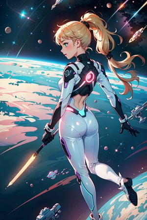 (((erotic), elegant, neon), bodysuit, futuristic), orbital, athletic, full body, from behind,

blush, happy, (green_eyes), blonde_ponytail, lipstick, gloves, chocker,

(outer_space), stars, light_particles,

white, orange, pink, violet, red, purple, lime, porcelain, azure, (enhanced colors, colorful), bokeh, 35mm-lens, glowing light, neon illumination,

(((masterpiece, best quality, perfect visual, ultra detailed), 8K, HDR, sharp image, professional artwork)),