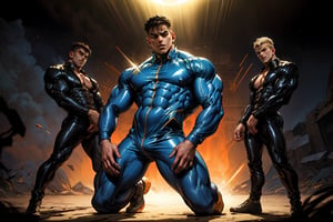 (best quality, masterpiece, 8K, HDR, extremely detailed, sharp look, full body, lineup. group photo, 3 males, posing, gachimuchi),

3 slavic overmuscular males impressively jojo posing,

(vibrant color, bright and intense, saturated),  warm tones, [muted colors, dim colors, soothing tones], soft textures, lens flare, (particles, sparkles), cinematic lighting, ambient lighting, sidelighting, cinematic shot, (beautiful / aesthetic / colorful / exquisite / atmospheric / elegant / stunning / impressive),Sexy Muscular,Male focus,latex,steam4rmor,catsuit