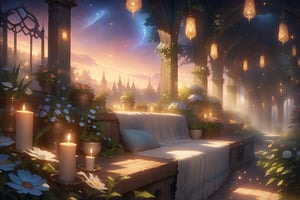 evening in the open garden, flowers, plants, [candles], patterns,

light particles, space, aesthetic,

(((Masterpiece), HDR, artstation), soft visual, simple details),
romantic, dreamy,