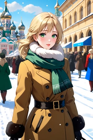 (a fancy russian woman), blonde, scarf, fur-trimmed_coat, (greeneyes), gloves, (lipstick:0.5),

 winter, blizzard, snow, icy, sky, sun, crowd, trade fair,

black / white / beige / grey / jade / cerulean, (outline), falling_snow,

(((Masterpiece, best quality), HDR, artstation anime), sharp visual, intricate details),

nature, (aesthetic), glamorous, elegant, orthodox, slavic,