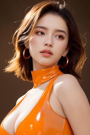 1girl, beautiful face, earrings, (portrait photoshot), wearing (orange turtleneck sweater:1.2) up to her chin, short dark hair, (simple plain background)(glamour:1.3) photo of a beautiful young girlfriend\(woman\) in her (preteens:1.3), 1girl, mid-parted hair, (blush:0.5), (goosebumps:0.5), subsurface scattering, detailed skin texture, textured skin, realistic dull skin noise, visible skin detail, skin fuzz, dry skin, perfect fingers, remarkable colors, BREAK wearing Vintage-inspired uniform with a fitted blouse, high-waisted pants, , BREAK RAW Photo, photorealistic, dynamic_background, soft bounced lighting, (upper body framing:1.3), (rule_of_thirds:1.3), Enhance,128k female models, Huge breasts, eyes, ((random super long style)), High resolution, Upper body,  Studio Lightning, satin ((8k,UHD,(photorealistic:1.2)Wearing a SHINY copper ORANGE  latex suit　 ((Clear Glossy Molded Clear Plastic Catsuit,Perfect dramatic lighting,one-piece swimsuit,torn,helmdef