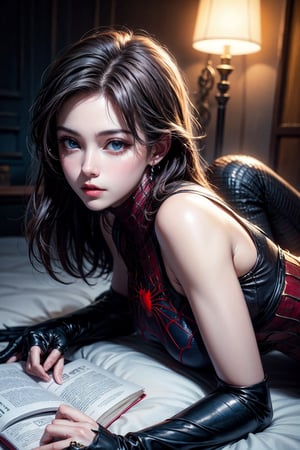 photorealism,cute pose of a young spider woman, 25 years old. beautiful realistic eyes; fantastic face, Caucasian, beautiful asian look, spiderman costume , blue eyes, Michael Garmash, Daniel F Gerhartz, Storybook style, warm dreamy lighting, newyork background,