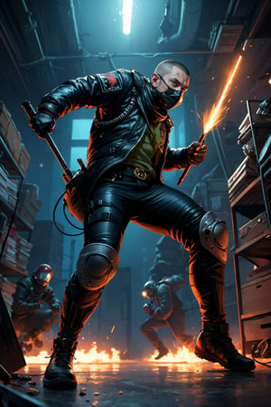 1 Ninja boy, holding samurai, (((fighting pose))),cyberpunk mask, (alone), solo, (dynamic pose), ((action pose)), (((full body))), (war scene background), astronaut, diving suit, in the style of mad max movie, war, battle, jacket, prostheses, futuristic retro, pixel, injured, hurt, survival, attacking, shooting, cannons, electricity, laser, nuke, fighting, cool, rad, space , post apocalyptic, rags, hazmat, drapery, designer, Gucci, Yeezy, fashion, comfortable fit, folds, detailed folds, draped, (neon), red, bright green, short hair, buzz cut ,realistic proportions, anatomy study, oldschool, retro, 8k, best quality, detailed hair, detailed eyes, textured, (insane), psychedelic, dynamic, pose, model, dungeon ,perfect figure, tall, athletic, leggy, long legs, realism, classical, diffused lighting, good composition, westworld