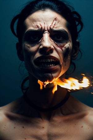 1man, athletic body, fire on face, high_res, horror, scary look