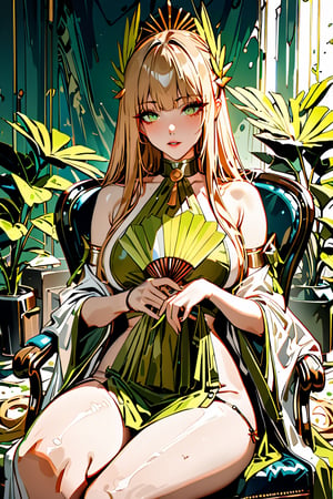 ((masterpiece, best quality, highres, amazing quality, very aesthetic, absurdres, 8k)), muelsyse (arknights),1 girl, white long hair, bright green eyes, blonde hair, solo, splatter background, holding folding handfan, while sitting on traditional chair, niji6,more detail XL,sakimichan style,niji6,<lora:659095807385103906:1.0>