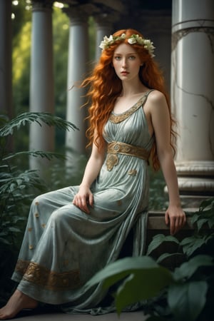 Beautiful and stunning image of the ancient Greek goddess Aphrodite, full body image, barefoot, redhead, green eyed, in an Ancient Greek temple to Aphrodite, marble, pillars, tress, grass, royal dress, very conservative dress, The style should be a fusion of Peter Lippmann's still life compositions, Barry Windsor Smith's intricate linework, Sandro Botticelli's ethereal beauty, and Burne-Jones' romanticism. The redhead's captivating gaze draws the viewer in, her beauty so striking that it's almost unbelievable. The medium should be digital photography, capturing the photorealistic detail and texture of the oil painting. The composition should be a close-up shot, taken with a high-resolution 16k camera, using a 50mm lens for a sharp focus on the redhead, Miki Asai Macro photography, close-up, hyper detailed, trending on artstation, sharp focus, studio photo, intricate details, highly detailed, cinematic, cyborg style