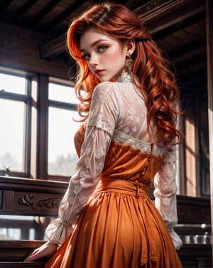 Bright orange Victorian style dress, european village farm, alluring pose, openwork blouse , beautiful and aesthetic, detailed, beautiful Norwegian girl, red hair, green eyes, long curly hair, glowing eyes,