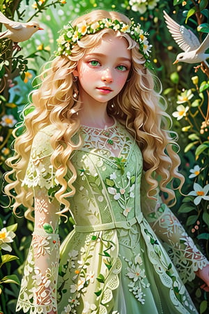 beautiful 16 year old girl with a pale white face, bright green eyes, small nose and mouth, long curly blonde hair, lace dress, soft color, background with birds and flowers, intricate details, 3D rendering, octane rendering.  Victorian art style, opaque colors, light grain, indirect lighting.