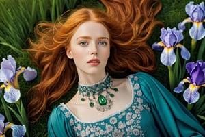 Photographic ((from above)), Beautiful and stunning image of a Norwegian princess, blonde hair, green eyed, (authentic iris detail:1.46) (Iris pattern:1.33), barefoot, hyper detailed eyes, hyper detailed skin, walking through a vibrant lush flower field, tress, grass, flowers, marble pillars, marble busts, (wearing a royal victorian dress, embroidery, filigree:1.25), (conservatively  dressed), The style should be a fusion of Peter Lippmann's still life compositions, Barry Windsor Smith's intricate linework, Sandro Botticelli's ethereal beauty, and Burne-Jones' romanticism. The redhead's captivating gaze draws the viewer in, her beauty so striking that it's almost unbelievable. The medium should be digital photography, capturing the photorealistic detail and texture. The composition should be taken (slightly from above) with a high-resolution 16k camera, using a 50mm lens for a sharp focus on the redhead, Miki Asai Macro photography, close-up, hyper detailed, trending on artstation, sharp focus, studio photo, intricate details, highly detailed, cinematic, (slightly from above)