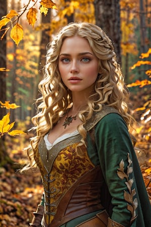 realistic, masterpiece, A girl looking out from a forest, medieval times, autumn, yellow brown and rust-colored leaves, fantasy, intricate, concept art, soft natural volumetric cinematic light, she has long curly blonde hair, green eyes, she has large breasts and hips and a narrow waist, real hands,