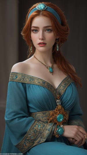 Imagine an old oil painting of a redhead wearing a blue turban. The style should be a fusion of Peter Lippmann's still life compositions, Barry Windsor Smith's intricate linework, Sandro Botticelli's ethereal beauty, and Burne-Jones' romanticism. The redhead's captivating gaze draws the viewer in, her beauty so striking that it's almost unbelievable, she has green eyes, large breasts and hips, narrow waist. The medium should be digital photography, capturing the photorealistic detail and texture of the oil painting. The composition should be a close-up shot, taken with a high-resolution 16k camera, using a 50mm lens for a sharp focus on the redhead and the blue turban., Miki Asai Macro photography, close-up, hyper detailed, trending on artstation, sharp focus, studio photo, intricate details, highly detailed, by greg rutkowski, cyborg style, OHWX WOMAN, Movie Still
