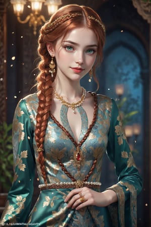 a beautiful promising girl walking out, looking at viewer, in prestigious brocade gown with long sleeves, botanical patterns, detailed dress, pearls, gold jewelry, red braided hair, long hair, perfect eyes, green eyes, kind smile, glossy lips, colorful tone, (black+brown+blue color:1.2), iilustratted fountain backgound, soft lighting, natural daylight, uplight, a full body portrait, detailed portrait, 8k, RAW image, hd, highres, realistic, photo r3al, detailmaster2,photo r3al,detailmaster2