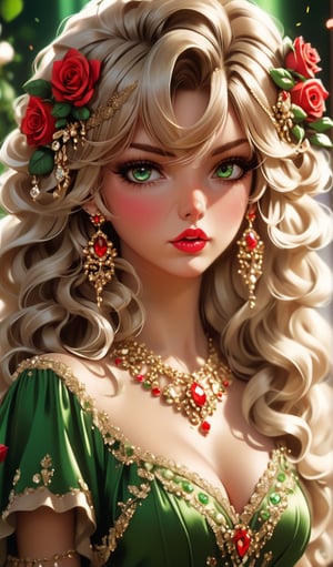 close up, 1girl, solo, long blonde curly hair, fashion shoot, bangs, radiant and luminous green eyes, jewelry, upper body, face of girl blended with red roses, earrings, parted lips, haute coifure crystal embroidered dress, blurry, lips, eyelashes, makeup, swept bangs, wavy hair, red lips,more detail XL