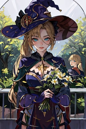 masterpiece, best quality, glass, female focus,  cute, upper body, looking at viewer, 1 girl, garden background, reflection, glowing, cowboy shot ,feminine, cleavage cutout, blonde hair ,mona_genshin, mona_genshin, default_dress, witch hat, long flowing hair, green eyes,