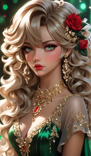 close up, 1girl, solo, long blonde curly hair, fashion shoot, bangs, radiant and luminous green eyes, jewelry, upper body, face of girl blended with red roses, earrings, parted lips, haute coifure crystal embroidered dress, blurry, lips, eyelashes, makeup, swept bangs, wavy hair, red lips,more detail XL