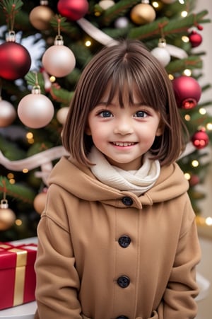 ((6 year old girl: 1.5)), ((flat chest: 1.3)), 1 girl, loli, petite girl, Portrait, young body, beautiful shining body, bangs, ((brown hair: 1.3)), high eyes, ( Aquamarine eyes), petite, tall eyes, beautiful girl with beautiful details, beautiful delicate eyes, detailed face, beautiful eyes, natural light, ((realism: 1.2 )), dynamic long shot, great lighting like a movie, Perfect Composition, Created by Sumic.mic, Super Detailed, Official Art, Masterpiece, (Best Quality: 1.3), Reflections, Highly Detailed CG Unity 8k Wallpaper, Detailed Background, Masterpiece, Best Quality, (Masterpiece), (Best Quality: 1.4), (Ultra High Resolution): 1.2), (Hyper Realistic: 1.4), (Photorealistic: 1.2), Best Quality, High Quality, High Resolution, Detail Enhancement, ((Super short extreme short hair:1.4)),
((Droopy eyes, animated eyes, big eyes, droopy eyes: 1.2)), ((winter fashion, scarves, coats: 1.1)), ((smiling expression)), Random angle, (( Christmas tree, blurred background: 1.3)) , thick eyebrows, ((dark skin: 1.4)),