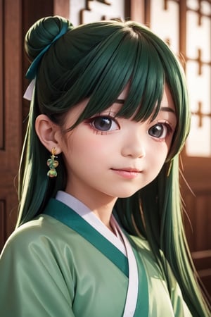 ((6year old girl:1.5)), loli, petite girl, Portrait, children's body, beautiful shining body, (( bangs)),high eyes,(brown eyes:1.4), petite,tall eyes, beautiful girl with fine details, Beautiful and delicate eyes, detailed face, Beautiful eyes,natural light,((realism: 1.2 )), dynamic far view shot,cinematic lighting, perfect composition, by sumic.mic, ultra detailed, official art, masterpiece, (best quality:1.3), reflections, extremely detailed cg unity 8k wallpaper, detailed background, masterpiece, best quality , (masterpiece), (best quality:1.4), (ultra highres:1.2), (hyperrealistic:1.4), (photorealistic:1.2), best quality, high quality, highres, detail enhancement, 
((tareme,animated eyes, big eyes,droopy eyes:1.2)),deformed Anime ,smirk,
1girl hair ribbon hair ornament, hanfu green shirt wide sleeves red skirt long skirt ,  indoors, east asian architecture,((hair ribbon hair ornament,bun)),((Portrait)),maomao,((Dark green hair:1.4)),
shangfu,lady in waiting,jinshi,[[[freckles]]]