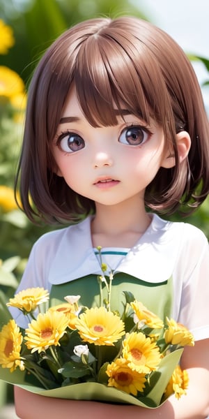 ((6year old girl:1.5)), ((Portrait)),1girl, loli, petite girl,  whole body, children's body, beautiful shining body, bangs,((darkbrown hair:1.3)),high eyes,(aquamarine eyes), petite,tall eyes, beautiful girl with fine details, ((Beautiful and delicate eyes,Beautiful eyes:1.4)), detailed face, natural light,((realism: 1.2 )), dynamic far view shot,cinematic lighting, perfect composition, by sumic.mic, ultra detailed, official art, masterpiece, (best quality:1.3), reflections, extremely detailed cg unity 8k wallpaper, detailed background, masterpiece, best quality , (masterpiece), (best quality:1.4), (ultra highres:1.2), (hyperrealistic:1.4), (photorealistic:1.2), best quality, high quality, highres, detail enhancement, ((very short hair:1.4)),
((tareme,animated eyes, big eyes,droopy eyes:1.2)),((random expression)),,random Angle,((school uniform:1.4)),((thick eyebrows:1.1)),perfect,((manga like visual)),((little girl with a bouquet of flowers:1.4)),perfect light