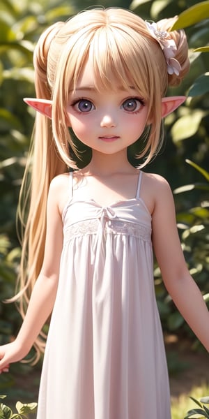 ((6 year old girl:1.4)),((flat chest)),complete anatomy, loli, beautiful girl with fine details,  detailed face, beautiful shining body,((Toddler body: 1.3)),detailed face,  super detailed, perfect face, (highly detailed face:1.4),((elf ears, long ears)),

beautiful detailed eyes, ((tall eyes, Big eyes)), aquamarine eyes, 
 
blond hair, bangs,((half updo hair:1.4)),
Floral hair ornament,
 1 girl, ((white maxi dress)), ((forest background)), random angles, morning light, (bright lighting: 1.2), happiness, Natural Light,realhands, 

(realism: 1.2),
Best Quality, Masterpiece, 
(RAW Photo, Best Quality, Masterpiece: 1.2), Ray-traced reflections, photon mapping,
 ultra-high resolution, 16k images, depth of field,