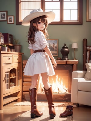 ((6 year old girl: 1.5)), 1 girl, loli, petite girl, complete anatomy, whole body, child's body, child, super cute, girl, little girl, beautiful girl, beautiful shining body, bangs, brown hair, back high eyes, (aquamarine eyes), droopy eyes, petite, tall eyes, beautiful girl with beautiful details, beautiful delicate eyes, detailed face, beautiful eyes, beautiful shining body, smile, happiness, full body angle, old days House in the American West,  Inside the Room,  Fireplace, ((western boots, Cowboy Hat: 1.5)),black belt,
((Realism: 1.2)), Dynamic long shots, Cinematic lighting, Perfect composition, Highly detailed, Official art, Masterpiece by Sumic.mic, (Top quality: 1.3), Reflections, Highly detailed CG Unity 8k Wallpaper, Detailed Background, Masterpiece , Best Quality, (Masterpiece), (Best Quality: 1.4), (Ultra High Resolution: 1.2), (Hyper Realistic: 1.4), (Photorealistic: 1.1), Best quality, high quality, high resolution, detail emphasis,((Log house room: 1.4)),masterpiece