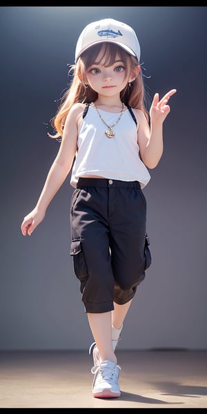 blue gradient hair(very long hair, curly_hair),long ponytail,hiphop dancer,wearing all black clothes (loose fit top and wide cargo pants),sneakers,accessories(necklace,ear_rings)baseball cap,   cowboy_shot,light pink_hair,brown hair,
((12 year old girl:1.4)),beautiful detailed eyes, complete anatomy, (realism: 1.2), beautiful girl with fine details, detailed face, beautiful shining body, 1 girl, (( aquamarine eyes, tall eyes, Big eyes)), random angles, bangs, detailed face, super detailed, perfect face, (highly detailed face:1.4), happiness, Best Quality, Masterpiece, Natural Light, (RAW Photo, Best Quality, Masterpiece: 1.2), Ray-traced reflections, photon mapping, ultra-high resolution, 16k images, depth of field,masterpiece,best quality,(complex light),((Disco, in the spotlight)), colored inner hair,((Crowd of people background))