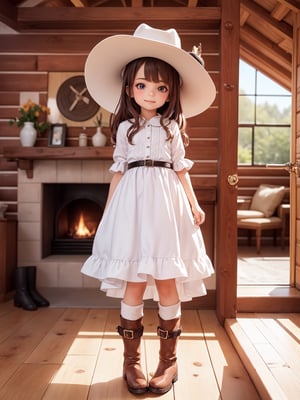 ((6 year old girl: 1.5)), 1 girl, loli, petite girl, complete anatomy, whole body, child's body, child, super cute, girl, little girl, beautiful girl, beautiful shining body, bangs, brown hair, back high eyes, (aquamarine eyes), droopy eyes, petite, tall eyes, beautiful girl with beautiful details, beautiful delicate eyes, detailed face, beautiful eyes, beautiful shining body, smile, happiness, full body angle, old days House in the American West,  Inside the Room,  Fireplace, ((western boots, Cowboy Hat: 1.5)),black belt,
((Realism: 1.2)), Dynamic long shots, Cinematic lighting, Perfect composition, Highly detailed, Official art, Masterpiece by Sumic.mic, (Top quality: 1.3), Reflections, Highly detailed CG Unity 8k Wallpaper, Detailed Background, Masterpiece , Best Quality, (Masterpiece), (Best Quality: 1.4), (Ultra High Resolution: 1.2), (Hyper Realistic: 1.4), (Photorealistic: 1.1), Best quality, high quality, high resolution, detail emphasis,((Log house room: 1.4)),masterpiece