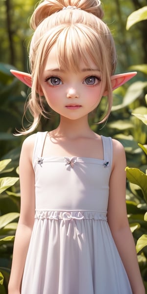 ((6 year old girl:1.4)),((flat chest)),complete anatomy, loli, beautiful girl with fine details,  detailed face, beautiful shining body,((Toddler body: 1.3)),detailed face,  super detailed, perfect face, (highly detailed face:1.4),((elf ears, long ears)),

beautiful detailed eyes, ((tall eyes, Big eyes)), aquamarine eyes, 
 
blond hair, bangs,((half updo hair:1.4)),
Floral hair ornament,
 1 girl, ((white maxi dress)), ((forest background)), random angles, morning light, (bright lighting: 1.2), happiness, Natural Light,realhands, 

(realism: 1.2),
Best Quality, Masterpiece, 
(RAW Photo, Best Quality, Masterpiece: 1.2), Ray-traced reflections, photon mapping,
 ultra-high resolution, 16k images, depth of field,