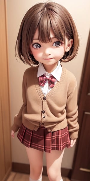 ((6year old girl:1.5)), loli, petite girl,  whole body, children's body, beautiful shining body, bangs,((brown hair:1.3)),high eyes,(brown eyes), petite,tall eyes, beautiful girl with fine details, Beautiful and delicate eyes, detailed face, Beautiful eyes,natural light,((realism: 1.2 )), dynamic far view shot,cinematic lighting, perfect composition, by sumic.mic, ultra detailed, official art, masterpiece, (best quality:1.3), reflections, extremely detailed cg unity 8k wallpaper, detailed background, masterpiece, best quality , (masterpiece), (best quality:1.4), (ultra highres:1.2), (hyperrealistic:1.4), (photorealistic:1.2), best quality, high quality, highres, detail enhancement,cute pussy, nsfw,((very short hair:1.4)),
((tareme,animated eyes, big eyes,droopy eyes:1.2)),Random poses((random expression)),((blouse, cardigan,tartan check pleated skirt)),Realism