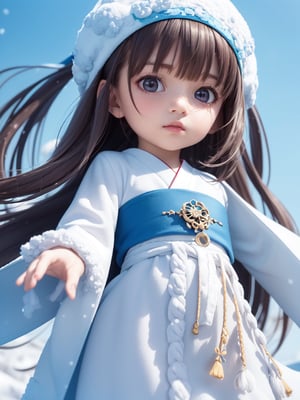 ((snowfield,snow scene)),(((wide Blue headband ))),(white fur ),bouncing hair,((Ainu folk costume:1.4)),(snow mountain blue sky:1.4),  black hair, pale white skin,((6year old girl:1.5)), 1 girl, loli, petite girl, complete anatomy, whole body, children's body, child, super cute, girl, little girl, beautiful girl, beautiful shining body, bangs,brown hair,high eyes,(aquamarine eyes), drooping eyes, petite,tall eyes, beautiful girl with fine details, Beautiful and delicate eyes, detailed face, Beautiful eyes, beautiful shining body,  Whole body angle, Alps,  outdoor, natural light,((realism: 1.2)), dynamic far view shot,cinematic lighting, perfect composition, by sumic.mic, ultra detailed, official art, masterpiece, (best quality:1.3), reflections, extremely detailed cg unity 8k wallpaper, detailed background, masterpiece, best quality, (masterpiece), (best quality:1.4), (ultra highres:1.2), (hyperrealistic:1.4), (photorealistic:1.2), best quality, high quality, highres, detail enhancement,