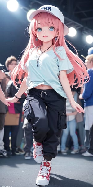 blue gradient hair(very long hair, curly_hair),long ponytail,hiphop dancer,wearing all black clothes (loose fit top and wide cargo pants),sneakers,accessories(necklace,ear_rings)baseball cap,   cowboy_shot,light pink_hair,brown hair,
((20 year old girl:1.4)),beautiful detailed eyes, complete anatomy, (realism: 1.2), beautiful girl with fine details, detailed face, beautiful shining body, 1 girl, (( aquamarine eyes, tall eyes, Big eyes)), random angles, bangs, detailed face, super detailed, perfect face, (highly detailed face:1.4), happiness, Best Quality, Masterpiece, Natural Light, (RAW Photo, Best Quality, Masterpiece: 1.2), Ray-traced reflections, photon mapping, ultra-high resolution, 16k images, depth of field,masterpiece,best quality,(complex light),((Disco, in the spotlight)), colored inner hair,((Crowd of people background))