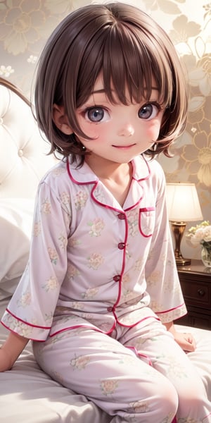 ((6year old girl:1.5)),1girl,whole body, beautiful shining body, bangs,((brown　hair:1.3)),high eyes,(aquamarine eyes),tall eyes, beautiful girl with fine details, Beautiful and delicate eyes, detailed face, Beautiful eyes,natural light,((realism: 1.2 )), dynamic far view shot,cinematic lighting, perfect composition, by sumic.mic, ultra detailed, official art, masterpiece, (best quality:1.3), reflections, extremely detailed cg unity 8k wallpaper, detailed background, masterpiece, best quality , (masterpiece), (best quality:1.4), (ultra highres:1.2), (hyperrealistic:1.4), (photorealistic:1.2), best quality, high quality, highres, detail enhancement,
((short hair)),((bright lighting:1.3)),((tareme,animated eyes, big eyes,droopy eyes:1.2)),((smile expression:1.4)),((pajamas:1.4)),perfect,hand,((Luxury hotel:1.4)),More Detail,((Floral background: 1.4)),Realism,((on the bed:1.4)),((random angle: 1.4))