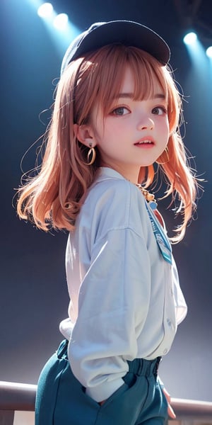 blue gradient hair(very long hair, curly_hair),long ponytail,hiphop dancer,wearing all black clothes (loose fit top and wide cargo pants),sneakers,accessories(necklace,ear_rings)baseball cap,   cowboy_shot,light pink_hair,brown hair,
((12 year old girl:1.4)),beautiful detailed eyes, complete anatomy, (realism: 1.2), beautiful girl with fine details, detailed face, beautiful shining body, 1 girl, (( aquamarine eyes, tall eyes, Big eyes)), random angles, bangs, detailed face, super detailed, perfect face, (highly detailed face:1.4), happiness, Best Quality, Masterpiece, Natural Light, (RAW Photo, Best Quality, Masterpiece: 1.2), Ray-traced reflections, photon mapping, ultra-high resolution, 16k images, depth of field,masterpiece,best quality,(complex light),((Disco, in the spotlight)), colored inner hair,((Crowd of people background))