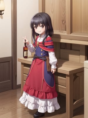 ((12 year old girl: 1.5)), black hair, short hair, perfect anatomy, girl, random pose, random angle, cabin room, lamp, beautiful glass bottle with red liquid on the desk, embroidery, ((Long dress: 1.4 )), National costume, Beautiful girl, Only daughter, Petite girl, Finest, Masterpiece, (Reality 1.2)), Petite, Bangs, (Dark eyes), Bangs, Beautiful girl with attention to detail , Beautiful girl with beautiful delicate eyes, detailed face, beautiful eyes, shining beautiful body, 8K image, ((portrait: 1.2)), Real, Kaoru, ((firm V-shaped eyebrows: 1.2)), (( Smile:1.1)), whole body, brown shoes