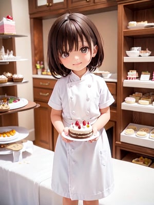 Imagine a cozy cake shop filled with the sweet smell of freshly baked cakes. The environment is decorated in pastel colors and attractively decorated. In the center of the image, a cute pastry chef wearing a rustic chef's uniform is enthusiastically working on making a Christmas cake.

The chef was standing at a sparkling kitchen counter surrounded by colorful ingredients such as flour, sugar and eggs. The counter is stocked with a quirky assortment of shaped cookie cutters, piping bags, and other baking tools. The atmosphere exudes joy and creativity, capturing the essence of the pastry chef's craft.

The pastry chef with a warm and friendly smile skillfully creates adorable cakes. These cakes can be in the form of cute animals, smiling faces, or miniature desserts that reflect the chef's playful and artistic touch. The chef's attention to detail and love of his craft is evident in his every move.

Soft natural light pours into the cake shop, giving it a warm glow. In the background, shelves full of beautifully arranged Christmas cakes are displayed, adding to the visual appeal of the cake shop. The entire screen is filled with the happiness and mastery of a cute pastry chef who is immersed in the joy of making delicious sweets.((6 year old cute genius pastry chef)),1 girl, bangs, ((dark brown hair: 1.3)), ((sagging eyes, animated eyes, big eyes, sagging eyes: 1.5)), (brown eyes) ,  Asian Girl, ,chibi emote style,aw0k euphoric style,full body,