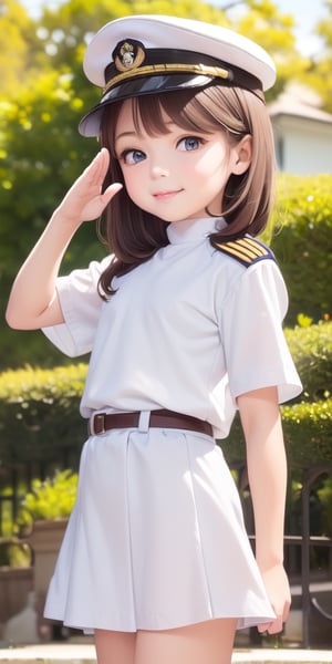 ((6year old girl:1.5)), ((flat chest:1.3)),1girl, loli, petite girl,  whole body, children's body, beautiful shining body, bangs,((darkbrown hair:1.3)),high eyes,(aquamarine eyes), petite,tall eyes, beautiful girl with fine details, Beautiful and delicate eyes, detailed face, Beautiful eyes,natural light,((realism: 1.2 )), dynamic far view shot,cinematic lighting, perfect composition, by sumic.mic, ultra detailed, official art, masterpiece, (best quality:1.3), reflections, extremely detailed cg unity 8k wallpaper, detailed background, masterpiece, best quality , (masterpiece), (best quality:1.4), (ultra highres:1.2), (hyperrealistic:1.4), (photorealistic:1.2), best quality, high quality, highres, detail enhancement,
((bright lighting:1.3)),((tareme,animated eyes, big eyes,droopy eyes:1.2)),((smile expression)),((Military uniform for naval officers))chinamoeka,china moeka, long hair, brown hair,BREAK hair ornament, hat, hairclip, uniform, military, military uniform, peaked cap, naval uniform, (white uniform:1.5),BREAK outdoors, ship, navy,BREAK looking at viewer, (cowboy shot:1.5),,((salute pose:1.4)),((white Tight skirt:1.3))