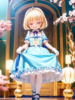 ((12year old girl:1.5)),1girl, loli, petite girl, Portrait, children's body, beautiful shining body, bangs,((blonde hair:1.3)),high eyes,(blue eyes), petite,tall eyes, beautiful girl with fine details, Beautiful and delicate eyes, detailed face, Beautiful eyes,((golden tiara with sapphire decoration)),((light blue gothic lolita ball gown:1.4)),((long skirt:1.7)),(( white neck ruffle, white frill)),((white tights)), blue shoes, ((white gloves with gold decoration)), natural light,((realism: 1.2 )), dynamic far view shot,cinematic lighting, perfect composition, by sumic.mic, ultra detailed, official art, masterpiece, (best quality:1.3), reflections, extremely detailed cg unity 8k wallpaper, detailed background, masterpiece, best quality , (masterpiece), (best quality:1.4), (ultra highres:1.2), (hyperrealistic:1.4), (photorealistic:1.2), best quality, high quality, highres, (short hair:1.4)),((tareme,animated eyes, big eyes,droopy eyes:1.2)),cherry tree,cherry blossoms,((Smile, eyes closed: 1.4)),(Cherry blossom background in full bloom:1.4)),perfect,hand,((Tearmoon Empire Story)),((Mia Luna Tier Moon)),animemia,outdoor