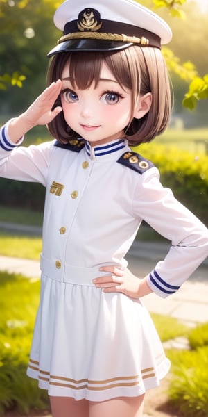 ((6year old girl:1.5)), ((flat chest:1.3)),1girl, loli, petite girl,  whole body, children's body, beautiful shining body, bangs,((darkbrown hair:1.3)),high eyes,(aquamarine eyes), petite,tall eyes, beautiful girl with fine details, Beautiful and delicate eyes, detailed face, Beautiful eyes,natural light,((realism: 1.2 )), dynamic far view shot,cinematic lighting, perfect composition, by sumic.mic, ultra detailed, official art, masterpiece, (best quality:1.3), reflections, extremely detailed cg unity 8k wallpaper, detailed background, masterpiece, best quality , (masterpiece), (best quality:1.4), (ultra highres:1.2), (hyperrealistic:1.4), (photorealistic:1.2), best quality, high quality, highres, detail enhancement,
((bright lighting:1.3)),((tareme,animated eyes, big eyes,droopy eyes:1.2)),((smile expression)),((Military uniform for naval officers))chinamoeka,china moeka, long hair, brown hair,BREAK hair ornament, hat, hairclip, uniform, military, military uniform, peaked cap, naval uniform, (white uniform:1.5),BREAK outdoors, ship, navy,BREAK looking at viewer, (cowboy shot:1.5),,((salute pose:1.4)),((white Tight skirt:1.3))