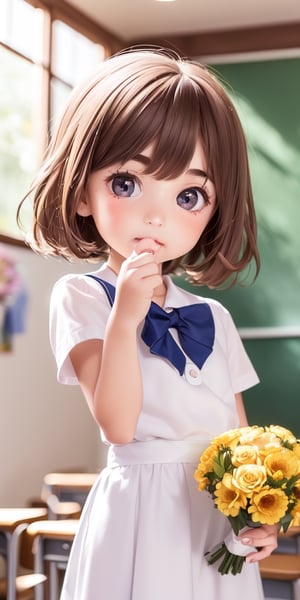 ((6year old girl:1.5)), ((Portrait)),1girl, loli, petite girl,  whole body, children's body, beautiful shining body, bangs,((darkbrown hair:1.3)),high eyes,(aquamarine eyes), petite,tall eyes, beautiful girl with fine details, ((Beautiful and delicate eyes,Beautiful eyes:1.4)), detailed face, natural light,((realism: 1.2 )), dynamic far view shot,cinematic lighting, perfect composition, by sumic.mic, ultra detailed, official art, masterpiece, (best quality:1.3), reflections, extremely detailed cg unity 8k wallpaper, detailed background, masterpiece, best quality , (masterpiece), (best quality:1.4), (ultra highres:1.2), (hyperrealistic:1.4), (photorealistic:1.2), best quality, high quality, highres, detail enhancement, ((very short hair:1.4)),
((tareme,animated eyes, big eyes,droopy eyes:1.2)),((random expression)),,random Angle,((school uniform:1.4)),((thick eyebrows:1.1)),perfect,((manga like visual)),((little girl with a bouquet of flowers:1.4)),perfect light