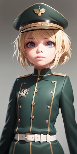 ((10year old girl:1.5)), 1girl, loli, petite girl, children's body, beautiful shining body,petite,beautiful girl with fine details,detailed face,
bangs,((blonde hair:1.3)),((very short hair:1.4)),
high eyes,(aquamarine eyes),tall eyes,Beautiful and delicate eyes,  Beautiful eyes,((tareme,animated eyes, big eyes,droopy eyes:1.2)),
military uniform,old german military uniform,
 whole body,natural light,
((realism: 1.2 )), dynamic far view shot,cinematic lighting, perfect composition, by sumic.mic, ultra detailed, official art, masterpiece, (best quality:1.3), reflections, extremely detailed cg unity 8k wallpaper, detailed background, masterpiece, best quality , (masterpiece), (best quality:1.4), (ultra highres:1.2), (hyperrealistic:1.4), (photorealistic:1.2), best quality, high quality, highres, detail enhancement,((manga like visual)),
,ahoge, shirt, closed mouth, military uniform, extremely delicate and beautiful, (beautiful detailed face:1.0), (detailed deep eyes), deep eyes,(dark shot:1.17), epic realistic, faded, ((neutral colors)), art, (hdr:1.5), (muted colors:1.2), hyperdetailed, (artstation:1.5), cinematic, warm lights, dramatic light, (intricate details:1.1), complex background, (rutkowski:0.8), (teal and orange:0.4),full body