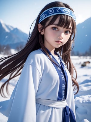 ((snowfield,snow scene)),(((wide Blue headband ))),(white fur ),bouncing hair,((Ainu costume based on navy blue,Ainu folk costume:1.4)),(snow mountain blue sky:1.4),  black hair, pale white skin,((9year old girl:1.5)), 1 girl, loli, petite girl, complete anatomy, whole body, children's body, child, super cute, girl, little girl, beautiful girl, beautiful shining body, bangs,brown hair,high eyes,(aquamarine eyes), drooping eyes, petite,tall eyes, beautiful girl with fine details, Beautiful and delicate eyes, detailed face, Beautiful eyes, beautiful shining body,  Whole body angle, Alps,  outdoor, natural light,((realism: 1.2)), dynamic far view shot,cinematic lighting, perfect composition, by sumic.mic, ultra detailed, official art, masterpiece, (best quality:1.3), reflections, extremely detailed cg unity 8k wallpaper, detailed background, masterpiece, best quality, (masterpiece), (best quality:1.4), (ultra highres:1.2), (hyperrealistic:1.4), (photorealistic:1.2), best quality, high quality, highres, detail enhancement,
