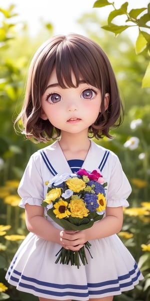 ((6year old girl:1.5)), ((Portrait)),1girl, loli, petite girl,  whole body, children's body, beautiful shining body, bangs,((darkbrown hair:1.3)),high eyes,(aquamarine eyes), petite,tall eyes, beautiful girl with fine details, ((Beautiful and delicate eyes,Beautiful eyes:1.4)), detailed face, natural light,((realism: 1.2 )), dynamic far view shot,cinematic lighting, perfect composition, by sumic.mic, ultra detailed, official art, masterpiece, (best quality:1.3), reflections, extremely detailed cg unity 8k wallpaper, detailed background, masterpiece, best quality , (masterpiece), (best quality:1.4), (ultra highres:1.2), (hyperrealistic:1.4), (photorealistic:1.2), best quality, high quality, highres, detail enhancement, ((very short hair:1.4)),
((tareme,animated eyes, big eyes,droopy eyes:1.2)),((random expression)),,random Angle,((school uniform:1.4)),((thick eyebrows:1.1)),perfect,((manga like visual)),((little girl with a bouquet of flowers:1.4)),perfect light, light smile