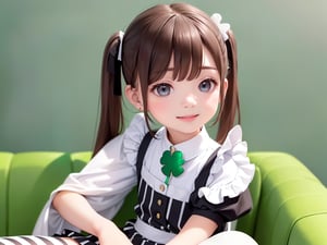 ((6year old girl:1.5)),1girl,whole body, beautiful shining body, bangs,((brown hair:1.3)),high eyes,(aquamarine eyes),tall eyes, beautiful girl with fine details, Beautiful and delicate eyes, detailed face, Beautiful eyes,natural light,((realism: 1.2 )), dynamic far view shot,cinematic lighting, perfect composition, by sumic.mic, ultra detailed, official art, masterpiece, (best quality:1.3), reflections, extremely detailed cg unity 8k wallpaper, detailed background, masterpiece, best quality , (masterpiece), (best quality:1.4), (ultra highres:1.2), (hyperrealistic:1.4), (photorealistic:1.2), best quality, high quality, highres, detail enhancement,
((twin tails hair)),((bright lighting:1.3)),((tareme,animated eyes, big eyes,droopy eyes:1.2)),((smile expression:1.4)),((black maid outfit,white apron:1.4)),((black and white striped tights:1.5)),perfect,hand,((Luxury hotel, on the sofa:1.4)),(( sitting:1.4)),More Detail,break,masterpiece,,((Clover background: 1.4)),Realism ,break,((St. Patrick's Day:1.5)),
 celts,((green beer))