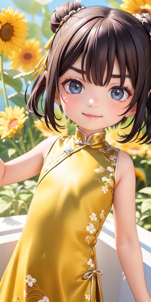 ((6 year old girl:1.3)), cartoon style visuals, complete anatomy, ((child body:1.4)),
full body, 1 girl, childlike body,  petite,

((bun:1.4)),brown hair, bangs,aquamarine eyes, detailed face, droopy eyes, super detailed,
perfect face, (bright lighting:1.2), beautiful detailed eyes, highly detailed face,


((Black Chinese dress, gold embroidery, close-up of face:1.2)),(( Flower Background:1.4)),

front view, looking at viewer,((v-shaped eyebrows,smirk expressions:1.4)),Random Angles,

best quality, masterpiece, natural light, (RAW photo, best quality, masterpiece:1.2),
ray traced reflections, photon mapping, ultra high resolution, 8k image, depth of field