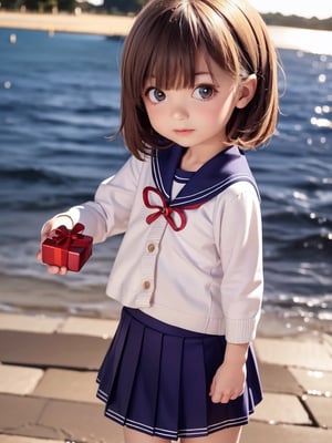 ((6year old girl:1.5)), ((solo,1girl:1.4)),
loli, petite girl,  whole body, children's body, beautiful shining body, bangs,((brown hair:1.3)),high eyes,(brown eyes), petite,tall eyes, beautiful girl with fine details, Beautiful and delicate eyes, detailed face, Beautiful eyes,natural light,((realism: 1.2 )), dynamic far view shot,cinematic lighting, perfect composition, by sumic.mic, ultra detailed, official art, masterpiece, (best quality:1.3), reflections, extremely detailed cg unity 8k wallpaper, detailed background, masterpiece, best quality , (masterpiece), (best quality:1.4), (ultra highres:1.2), (hyperrealistic:1.4), (photorealistic:1.2), best quality, high quality, highres, detail enhancement,cute pussy, nsfw,((very short hair:1.4)),((holding gifts:1.4)),
((tareme,animated eyes, big eyes,droopy eyes:1.2)),Random poses,((embarrassed expression)),(( cardigan,school uniform, sailor uniform, navy pleated skirt:1.4)),Realism,school uniform