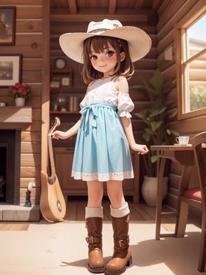 ((6 year old girl: 1.5)), 1 girl, loli, petite girl, complete anatomy, whole body, child's body, child, super cute, girl, little girl, beautiful girl, beautiful shining body, bangs, brown hair, back high eyes, (aquamarine eyes), droopy eyes, petite, tall eyes, beautiful girl with beautiful details, beautiful delicate eyes, detailed face, beautiful eyes, beautiful shining body, smile, happiness, full body angle, old days House in the American West,  Inside the Room,  Fireplace, ((western boots, Cowboy Hat: 1.5)),black belt,
((Realism: 1.2)), Dynamic long shots, Cinematic lighting, Perfect composition, Highly detailed, Official art, Masterpiece by Sumic.mic, (Top quality: 1.3), Reflections, Highly detailed CG Unity 8k Wallpaper, Detailed Background, Masterpiece , Best Quality, (Masterpiece), (Best Quality: 1.4), (Ultra High Resolution: 1.2), (Hyper Realistic: 1.4), (Photorealistic: 1.1), Best quality, high quality, high resolution, detail emphasis,((Log house room: 1.4)),masterpiece