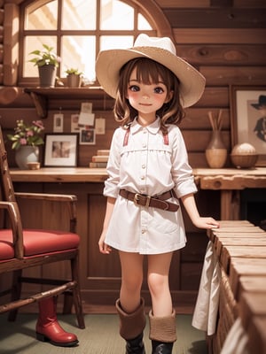 ((6 year old girl: 1.5)), 1 girl, loli, petite girl, complete anatomy, whole body, child's body, child, super cute, girl, little girl, beautiful girl, beautiful shining body, bangs, brown hair, back high eyes, (aquamarine eyes), droopy eyes, petite, tall eyes, beautiful girl with beautiful details, beautiful delicate eyes, detailed face, beautiful eyes, beautiful shining body, smile, happiness, full body angle, old days House in the American West,  Inside the Room,  Fireplace, ((western boots, Cowboy Hat: 1.5)),black belt,
((Realism: 1.2)), Dynamic long shots, Cinematic lighting, Perfect composition, Highly detailed, Official art, Masterpiece by Sumic.mic, (Top quality: 1.3), Reflections, Highly detailed CG Unity 8k Wallpaper, Detailed Background, Masterpiece , Best Quality, (Masterpiece), (Best Quality: 1.4), (Ultra High Resolution: 1.2), (Hyper Realistic: 1.4), (Photorealistic: 1.1), Best quality, high quality, high resolution, detail emphasis,((Log house room: 1.4)),masterpiece