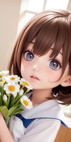 ((6year old girl:1.5)), ((Portrait)),1girl, loli, petite girl,  whole body, children's body, beautiful shining body, bangs,((darkbrown hair:1.3)),high eyes,(aquamarine eyes), petite,tall eyes, beautiful girl with fine details, ((Beautiful and delicate eyes,Beautiful eyes:1.4)), detailed face, natural light,((realism: 1.2 )), dynamic far view shot,cinematic lighting, perfect composition, by sumic.mic, ultra detailed, official art, masterpiece, (best quality:1.3), reflections, extremely detailed cg unity 8k wallpaper, detailed background, masterpiece, best quality , (masterpiece), (best quality:1.4), (ultra highres:1.2), (hyperrealistic:1.4), (photorealistic:1.2), best quality, high quality, highres, detail enhancement, ((very short hair:1.4)),
((tareme,animated eyes, big eyes,droopy eyes:1.2)),((random expression)),,random Angle,((school uniform:1.4)),((thick eyebrows:1.1)),perfect,((manga like visual)),((little girl with a bouquet of flowers:1.4)),perfect light